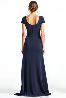 Navy Square Neck Long Mother of the Bride Dress with Bowknot