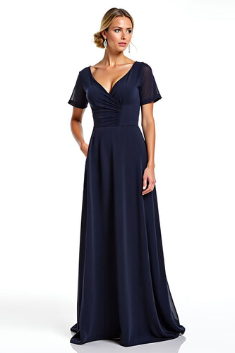 Navy V-Neck Long Chiffon Mother of the Bride Dress