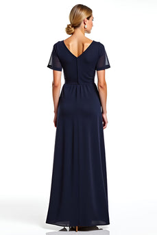 Navy V-Neck Long Chiffon Mother of the Bride Dress