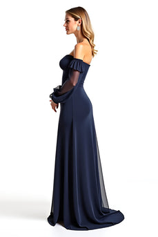 Navy Sweetheart Long Sheer Sleeves Mother of the Bride Dress with Ruffles