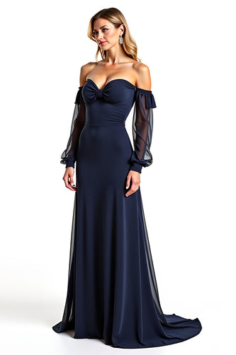 Navy Sweetheart Long Sheer Sleeves Mother of the Bride Dress with Ruffles