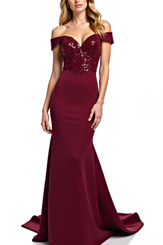 Burgundy Mermaid Off the Shoulder Long Mother of the Bride Dress with Sequins