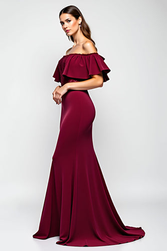 Burgundy Mermaid Off the Shoulder Long Mother of the Bride Dress with Ruffles