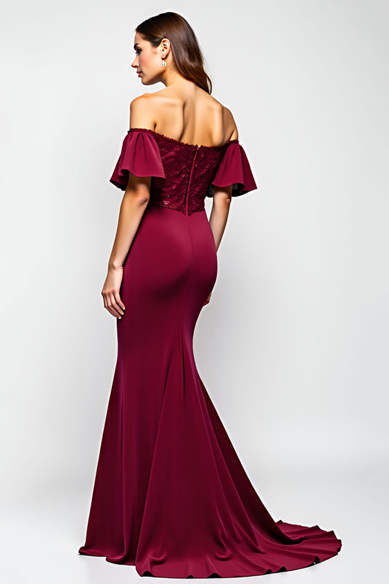 Load image into Gallery viewer, Burgundy Mermaid Off the Shoulder Long Mother of the Bride Dress with Ruffles