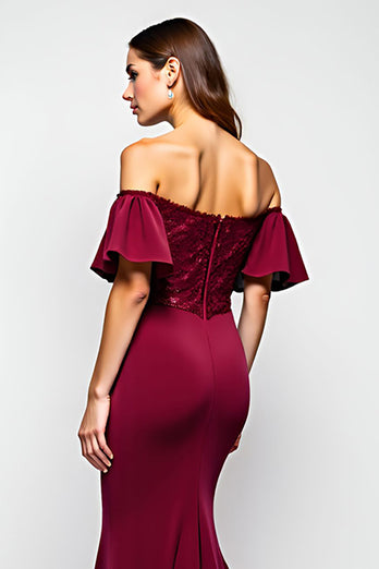 Burgundy Mermaid Off the Shoulder Long Mother of the Bride Dress with Ruffles