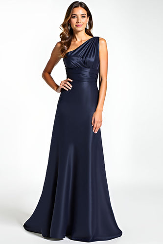 Navy One Shoulder Satin Long Mother of the Bride Dress