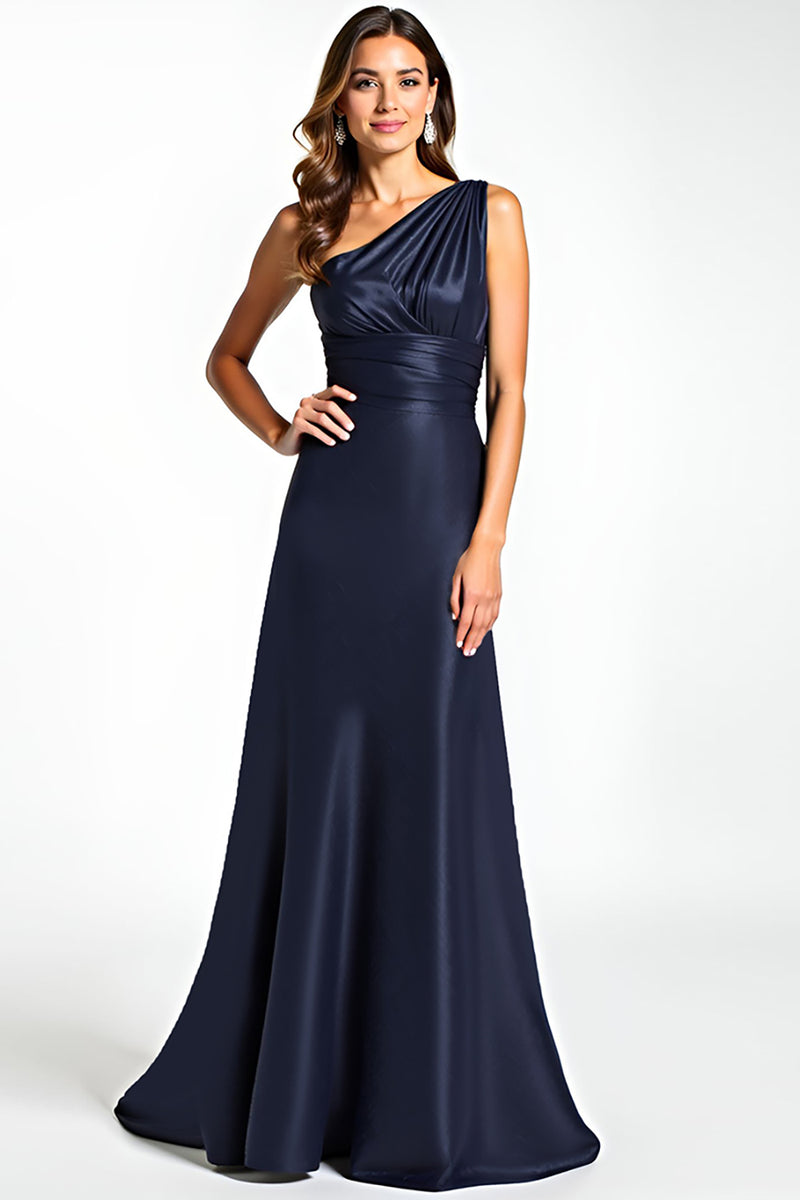 Load image into Gallery viewer, Navy One Shoulder Satin Long Mother of the Bride Dress