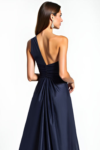 Navy One Shoulder Satin Long Mother of the Bride Dress