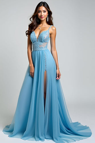 A Line Light Blue V-Neck Appliqued Long Prom Dress with Slit