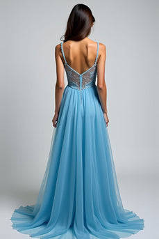 A Line Light Blue V-Neck Appliqued Long Prom Dress with Slit