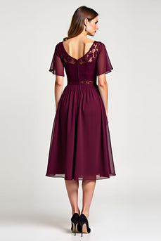 Cabernet Round Neck Embroideried Midi Length Mother of the Bride Dress