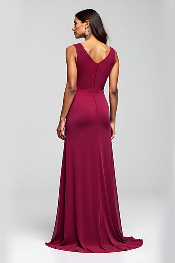 Burgundy Sheath Beaded Long Mother of the Bride Dress