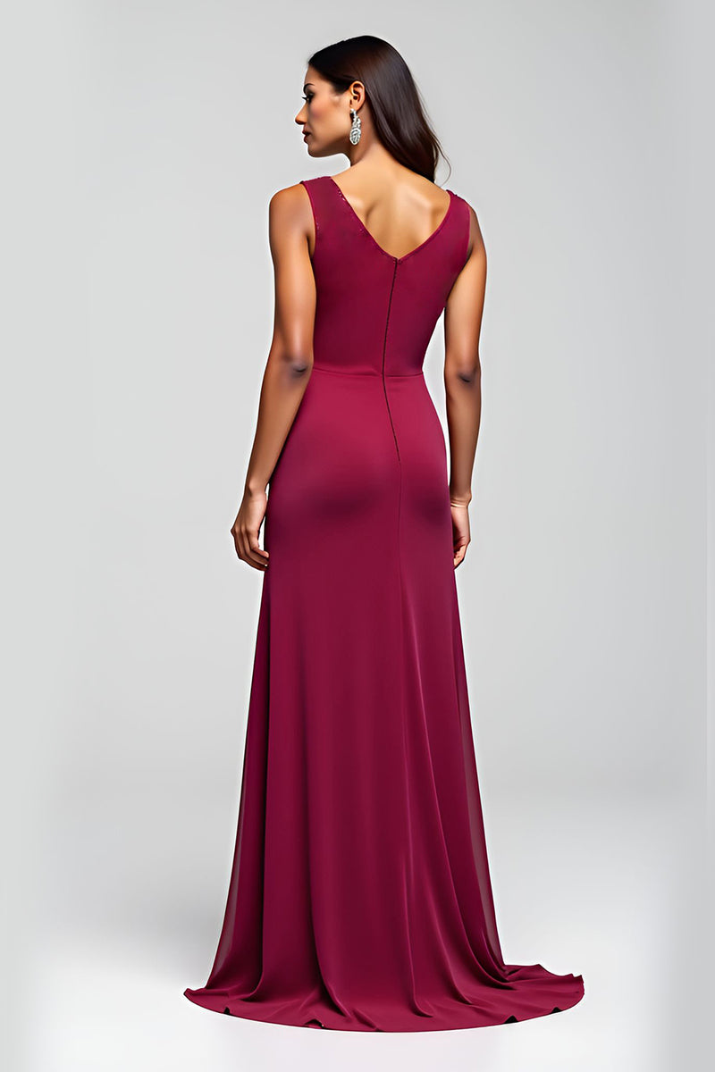 Load image into Gallery viewer, Burgundy Sheath Beaded Long Mother of the Bride Dress