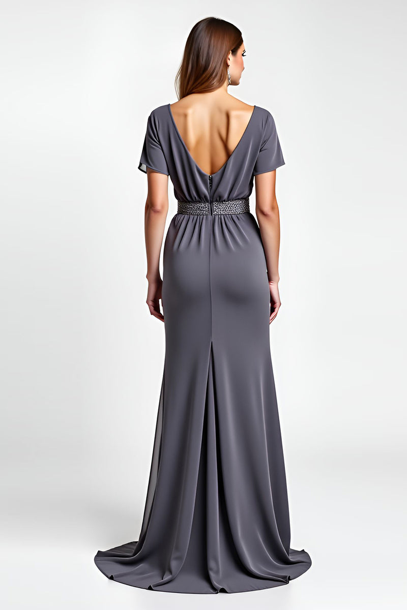 Load image into Gallery viewer, Steel Grey Sheath Beaded Long Mother of the Bride Dress with Short Sleeves