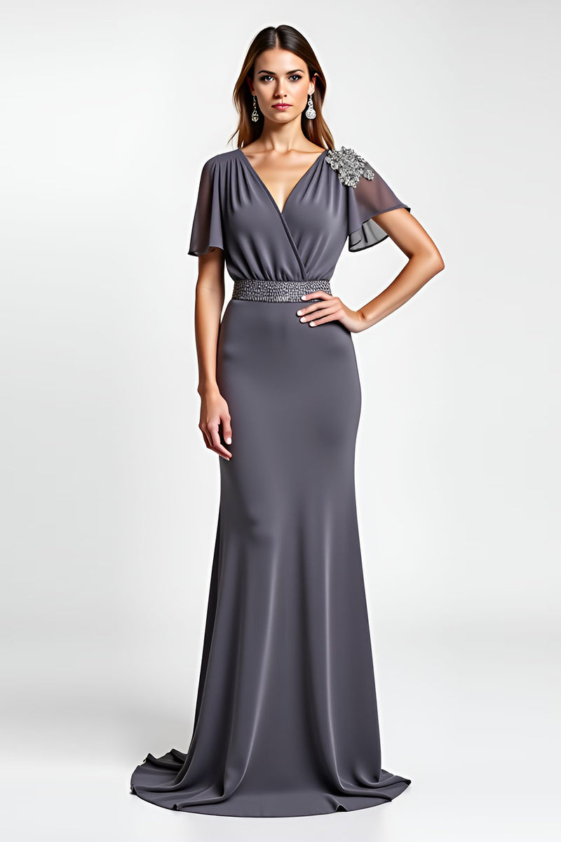 Load image into Gallery viewer, Steel Grey Sheath Beaded Long Mother of the Bride Dress with Short Sleeves