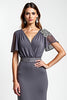 Load image into Gallery viewer, Steel Grey Sheath Beaded Long Mother of the Bride Dress with Short Sleeves