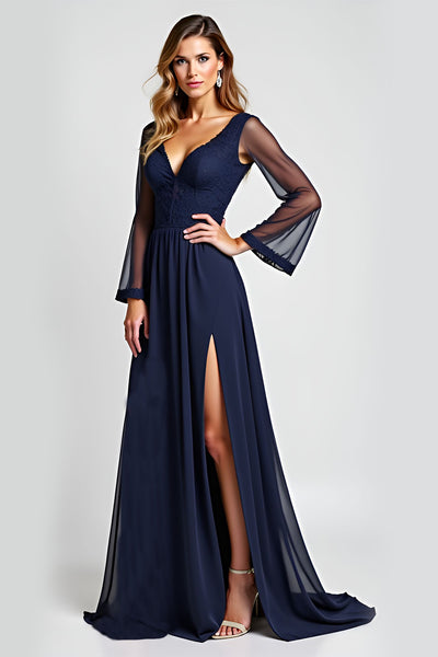 Navy A Line V-Neck Long Sleeves Mother of the Bride Dress with Slit