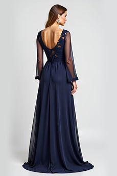 Navy A Line V-Neck Long Sleeves Mother of the Bride Dress with Slit