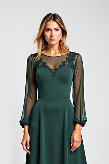 Pine Sheath Illusion Neck Mother of the Bride Dress with Long Sleeves