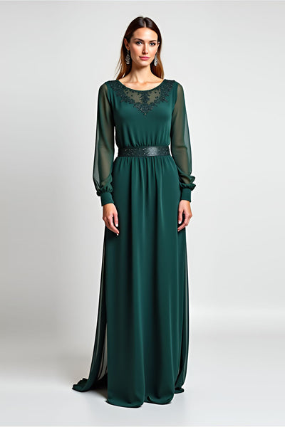 Pine Sheath Round Neck Embroideried Mother of the Bride Dress with Long Sleeves