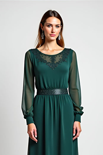 Pine Sheath Round Neck Embroideried Mother of the Bride Dress with Long Sleeves