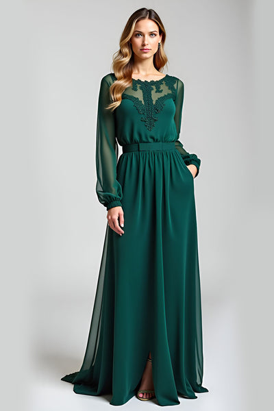 Illusion Neck Pine Sheath Embroideried Mother of the Bride Dress with Long Sleeves