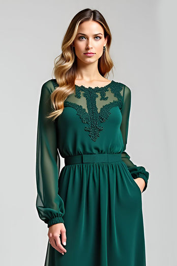 Illusion Neck Pine Sheath Embroideried Mother of the Bride Dress with Long Sleeves