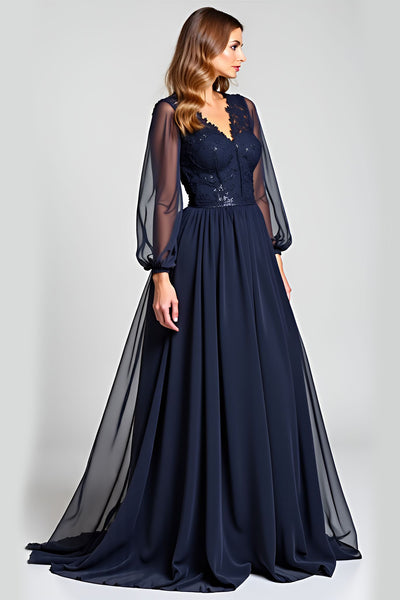 Navy A Line V-Neck Long Sleeves Mother of the Bride Dress with Appliques