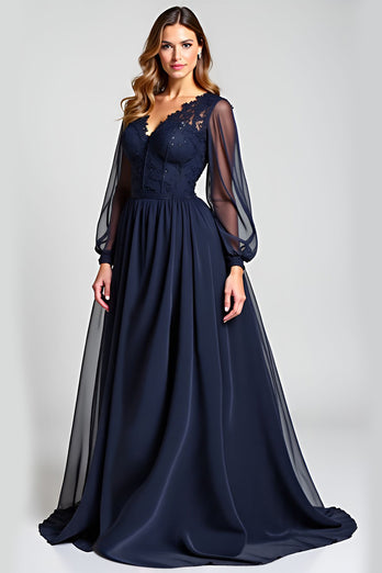 Navy A Line V-Neck Long Sleeves Mother of the Bride Dress with Appliques