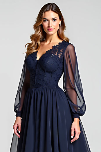 Navy A Line V-Neck Long Sleeves Mother of the Bride Dress with Appliques