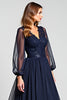 Load image into Gallery viewer, Navy A Line V-Neck Long Sleeves Mother of the Bride Dress with Appliques