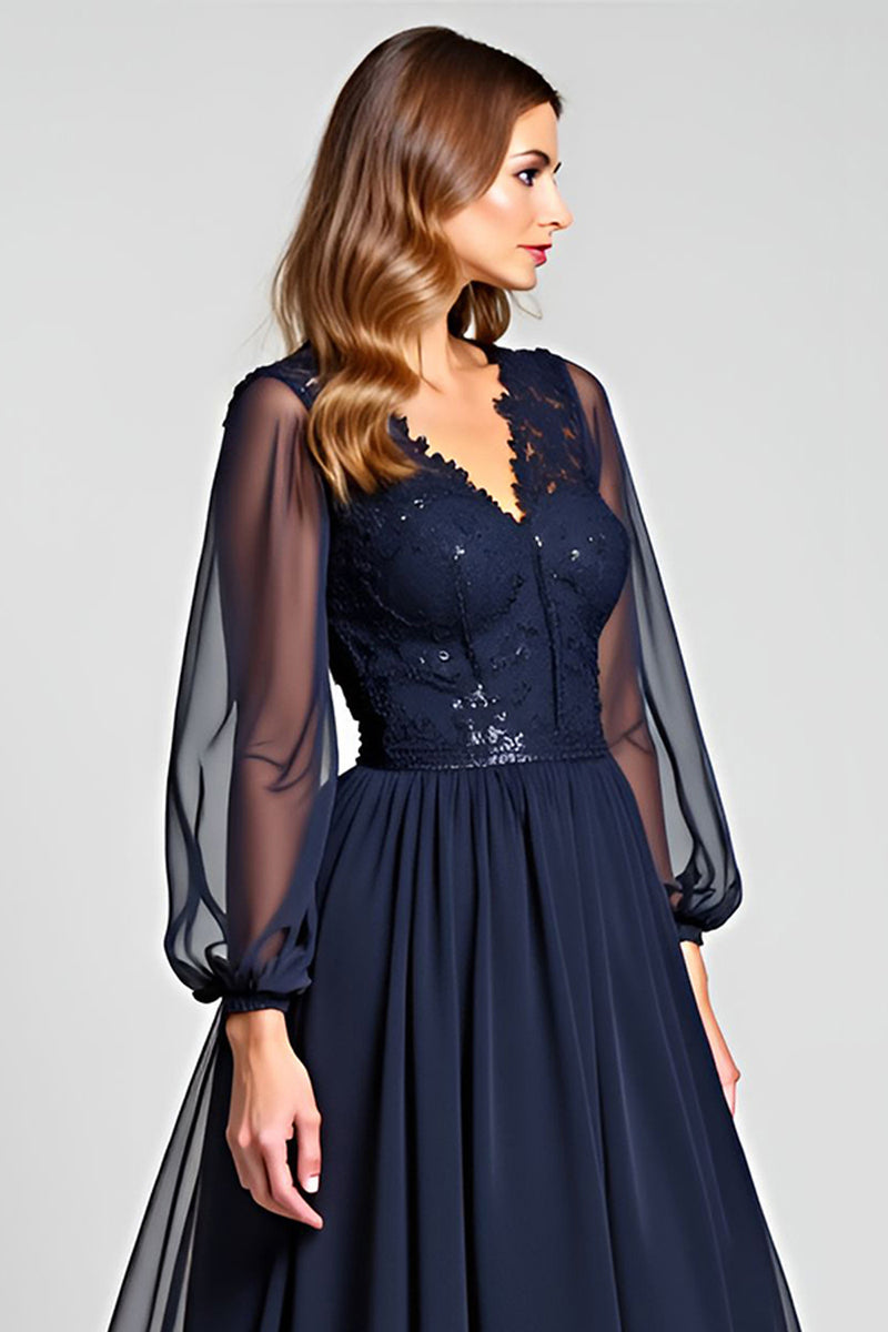 Load image into Gallery viewer, Navy A Line V-Neck Long Sleeves Mother of the Bride Dress with Appliques