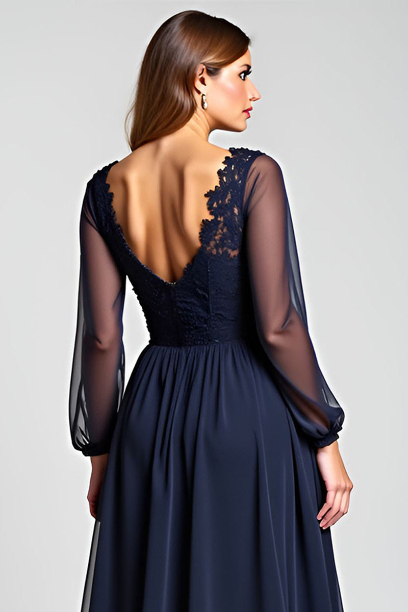 Load image into Gallery viewer, Navy A Line V-Neck Long Sleeves Mother of the Bride Dress with Appliques