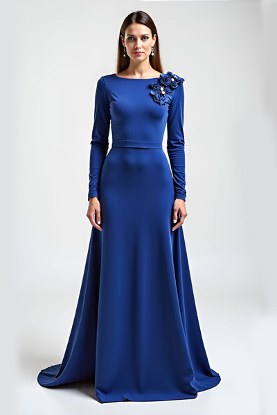 Royal Blue Satin Long Sleeves Mother of the Bride Dress with Flowers