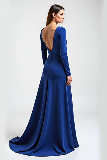 Royal Blue Satin Long Sleeves Mother of the Bride Dress with Flowers