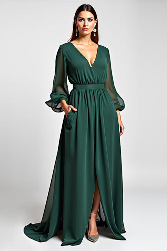 Dark Green A Line V-Neck Long Sleeve Mother of the Bride Dress With Slit