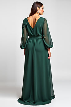 Dark Green A Line V-Neck Long Sleeve Mother of the Bride Dress With Slit