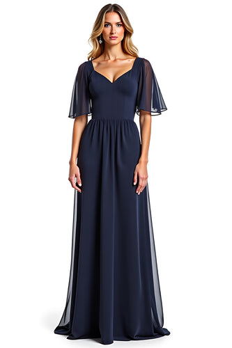 Navy A Line V-Neck Chiffon Long Mother of the Bride Dress