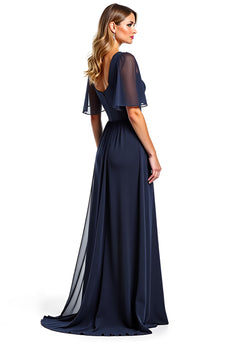 Navy A Line V-Neck Chiffon Long Mother of the Bride Dress