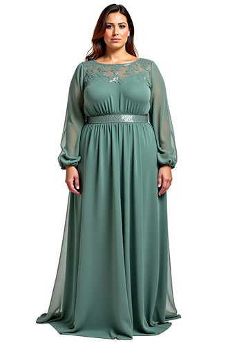 Eucalyptus Chiffon A Line Long Mother of the Bride Dress with Sleeves