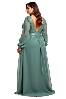 Eucalyptus Chiffon A Line Long Mother of the Bride Dress with Sleeves