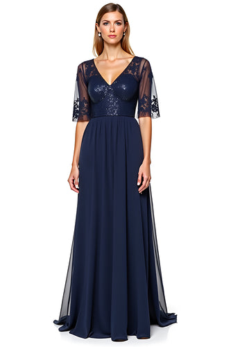 Navy A Line V-Neck Long Backless Mother of the Bride Dress with Sequins