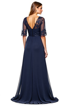 Navy A Line V-Neck Long Backless Mother of the Bride Dress with Sequins