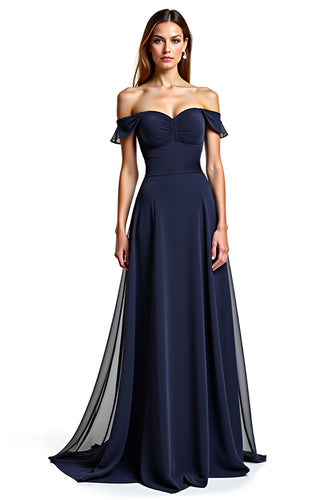 Navy A Line Sweetheart Long Chiffon Mother of the Bride Dress