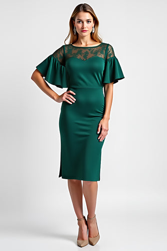 Dark Green Midi Boat Neck Ruffled Sleeve Mother of the Bride Dress with Lace