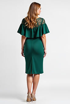 Dark Green Midi Boat Neck Ruffled Sleeve Mother of the Bride Dress with Lace