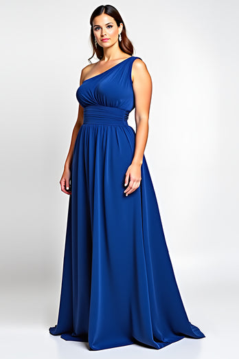 Royal Blue A Line One Shoulder Long Backless Mother of the Bride Dress