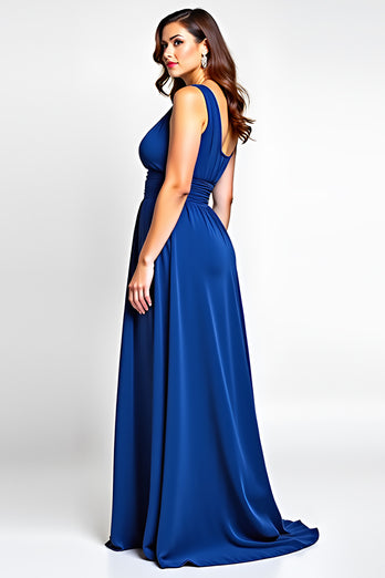 Royal Blue A Line One Shoulder Long Backless Mother of the Bride Dress