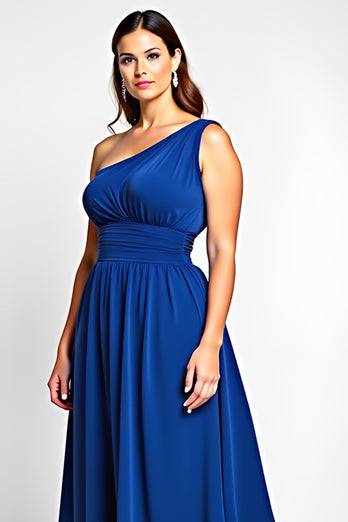 Royal Blue A Line One Shoulder Long Backless Mother of the Bride Dress