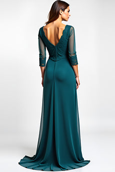 Peacock A Line V-Neck Long Backless Mother of the Bride Dress